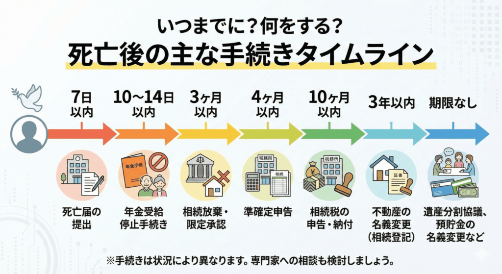 死亡後の主な手続きタイムライン